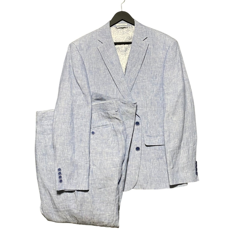 Bar III 100% Linen 2 Piece Suit Men 42S 40W Light Blue Heathered Summer Wedding